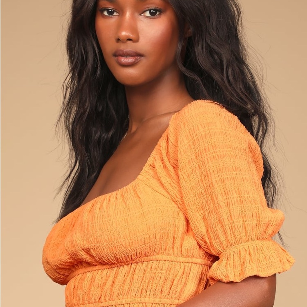 Lulu's Orange Puff Sleeve Smocked Blouse
